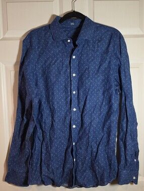 J. Hilburn Men's Blue Star Print Long-Sleeve Button-Up Shirt Linen